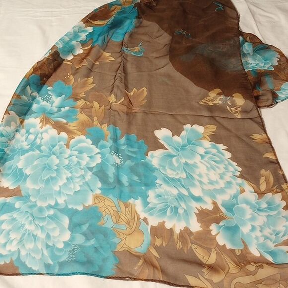 Brown and Blue Lightweight Floral Scarf - Picture 3 of 4